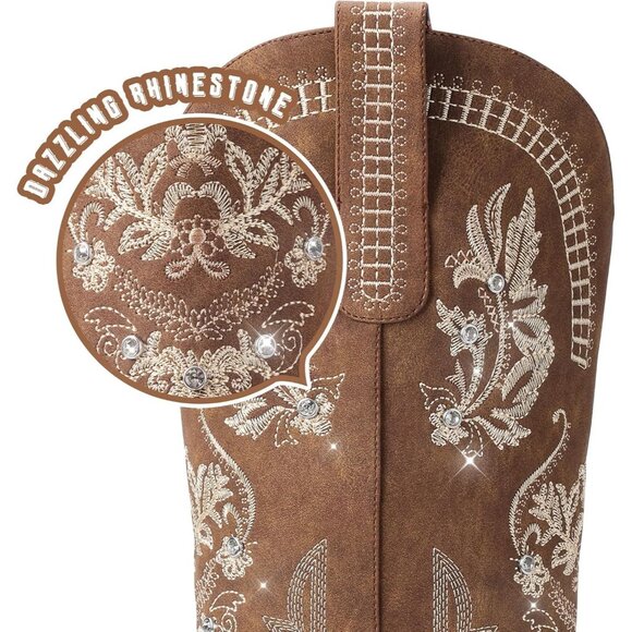 Lumeheel Brown Cowboy Boots Women Knee High Western Rhinestone Ch - Picture 4 of 4